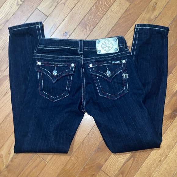 MISS ME SKINNY DARK WASH JEANS SADDLE STITCH POCKET RED,WHITE AND BLUE SZ 27 - Picture 3 of 14